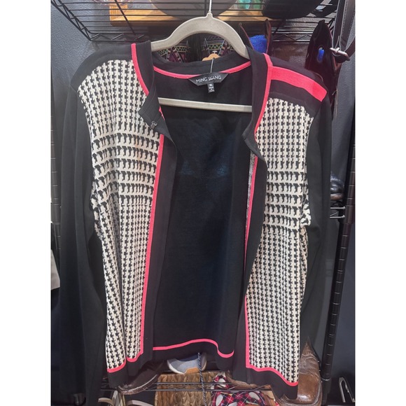 Ming Wang Sweaters - Ming Wang XL Black White Houndstooth Knit Cardigan Sweater Pink Trim
